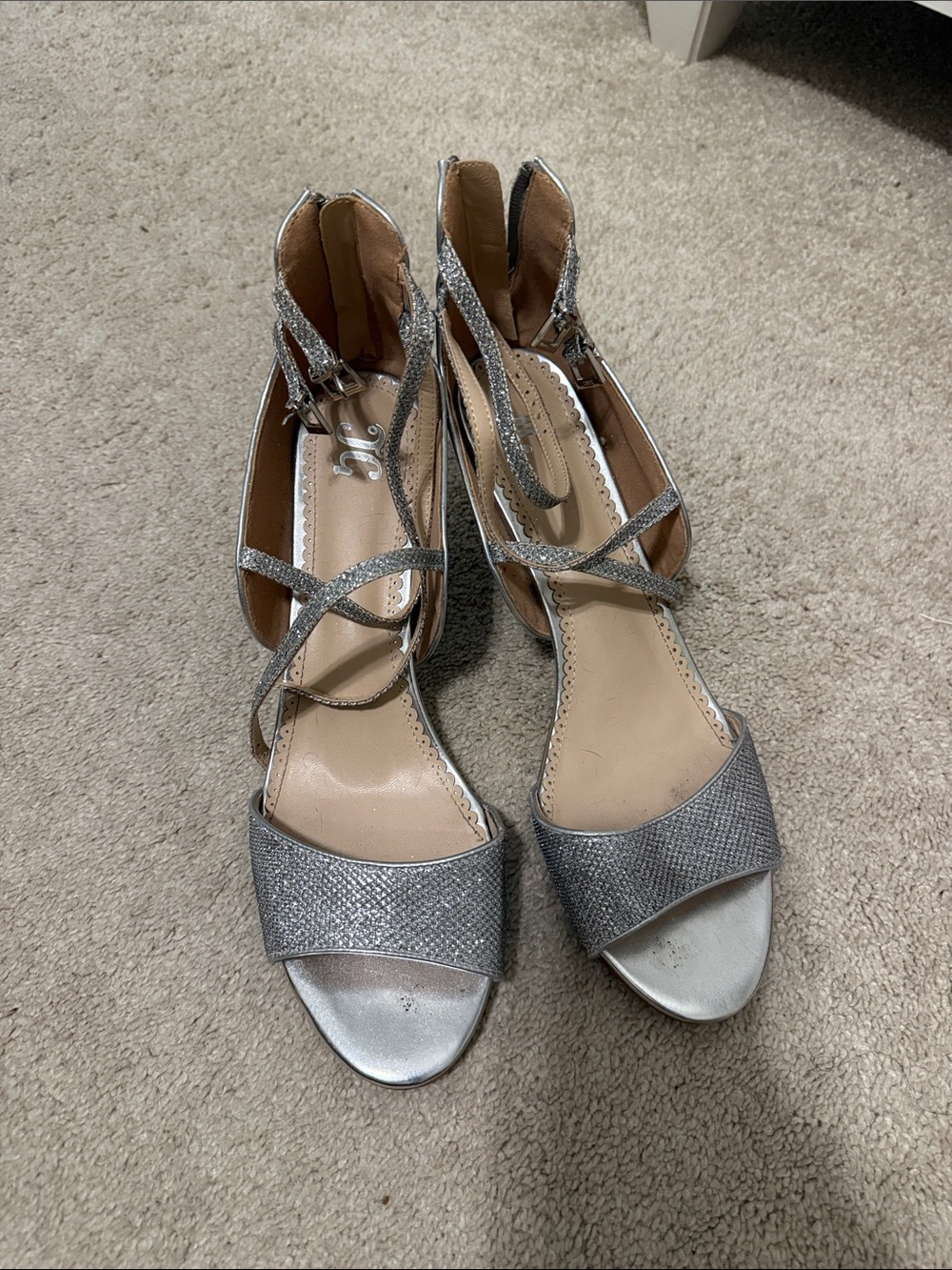 Journee Collection Silver Glitter Strappy Block Heel Sandals